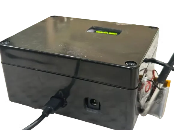 Sky BMS hardware enclosure — rear angle view with power connector