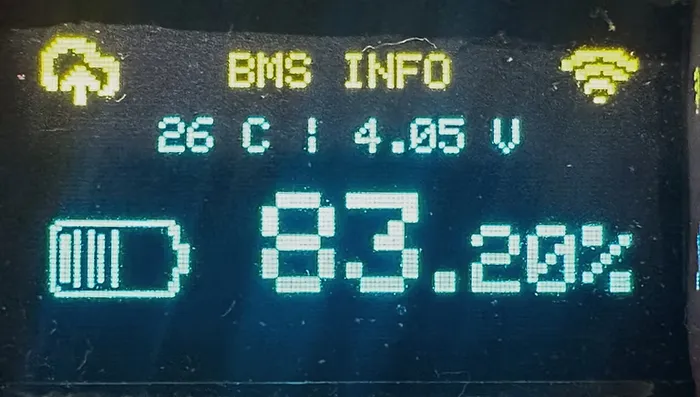Sky BMS OLED display — BMS INFO: 26°C | 4.05V | 83.20%