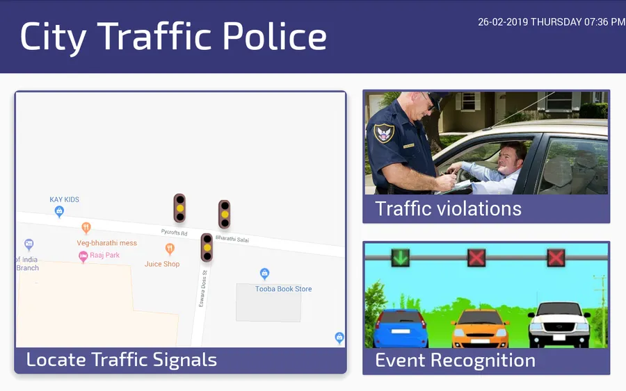 City Traffic Police dashboard — Locate Signals, Traffic Violations, Event Recognition