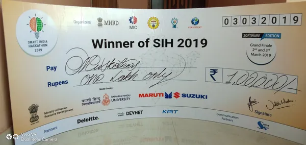 SIH 2019 Winner cheque — ₹1,00,000